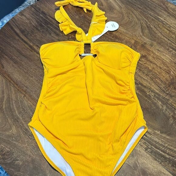 EastElegant Maternity Ruffle Ribbed One Piece Square Ring Linked Suit yellow - Picture 2 of 7